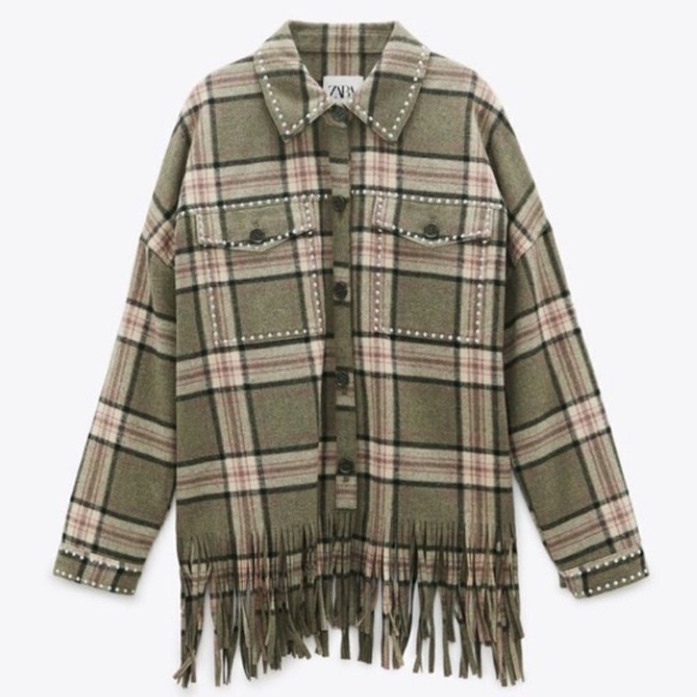 𝅺ZARA Blogger FAV Studded Plaid Fringe Shacket Size S